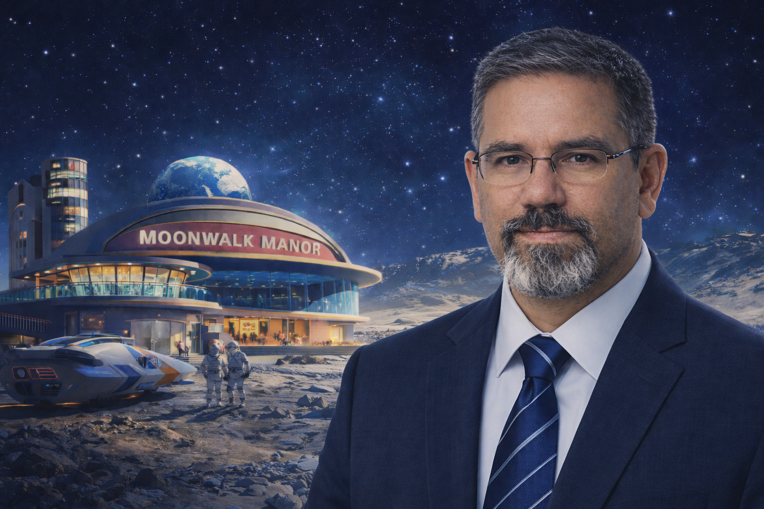 Professional portrait of Frank Jamison in a navy suit and tie looking directly at the camera, set against a retro futurist lunar hotel scene featuring a glowing resort building, astronauts, a spacecraft, and Earth visible in the night sky.