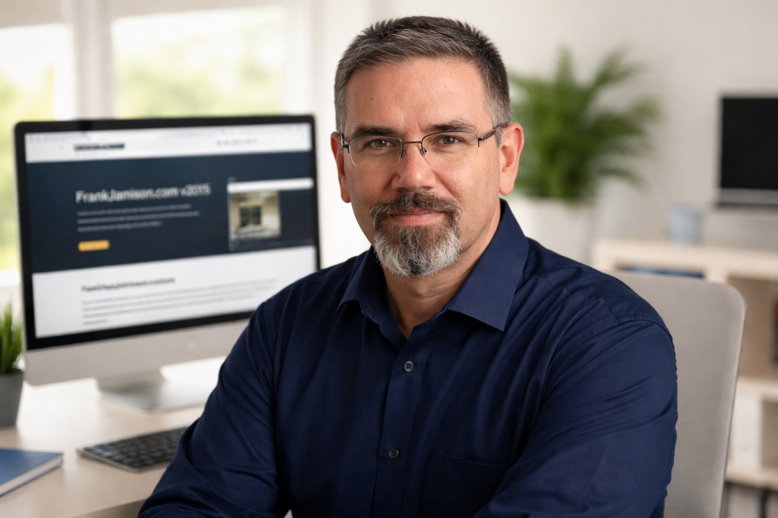 Professional head and shoulders portrait of Frank Jamison seated at a desk in a modern office, wearing a dark blue button down shirt and glasses, looking directly at the camera with a neutral expression, with a computer monitor behind him displaying the FrankJamison.com v2015 website.