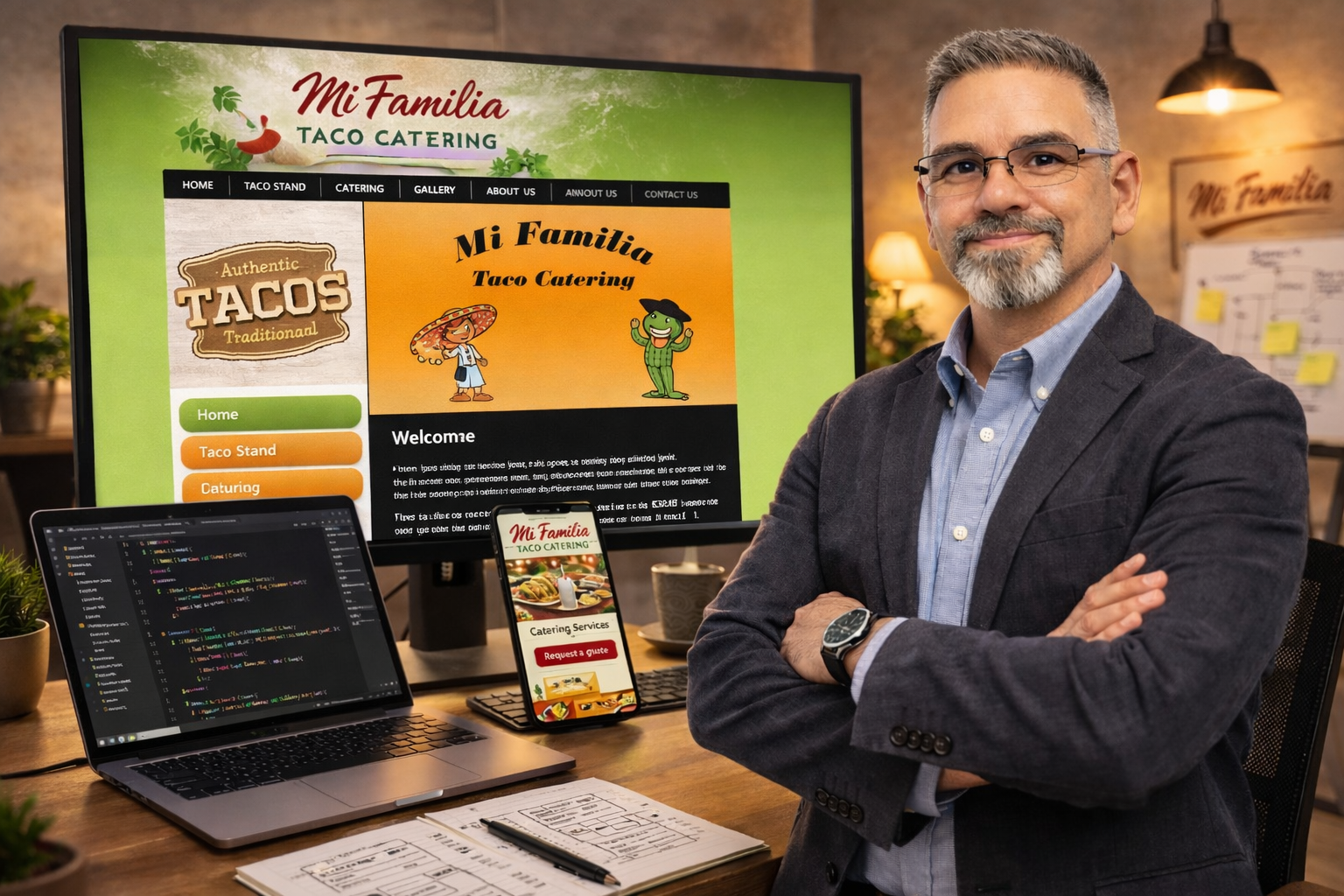 Professional portrait of Frank Jamison standing with arms crossed in a modern office workspace, wearing a blazer and glasses, with a large monitor behind him displaying the Mi Familia Taco Catering website homepage and a laptop and smartphone on the desk showing code and the mobile site.