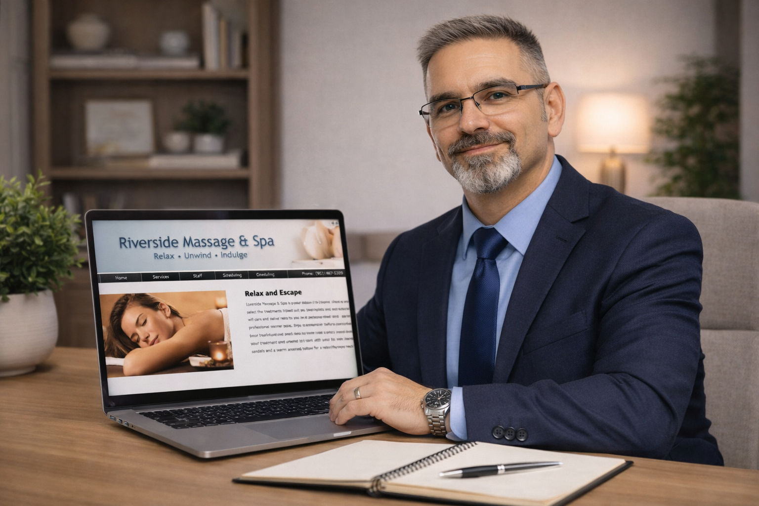 Professional photo of Frank Jamison seated at a wooden desk in a navy suit and tie, looking at the camera while resting his hand on a laptop displaying the Riverside Massage and Spa website homepage with navigation menu and spa imagery visible on the screen.