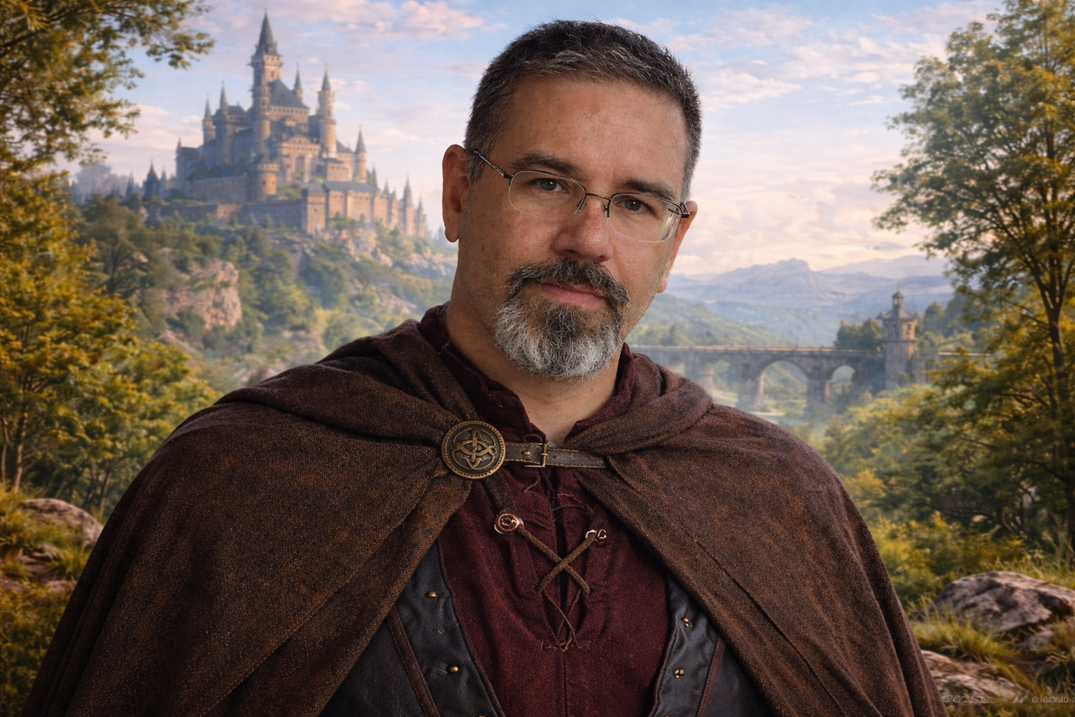 Frank Jamison wearing a brown medieval cloak over a burgundy tunic, standing before a scenic fantasy landscape featuring a hilltop stone castle, arched bridge, and rolling green countryside under a warm sky.