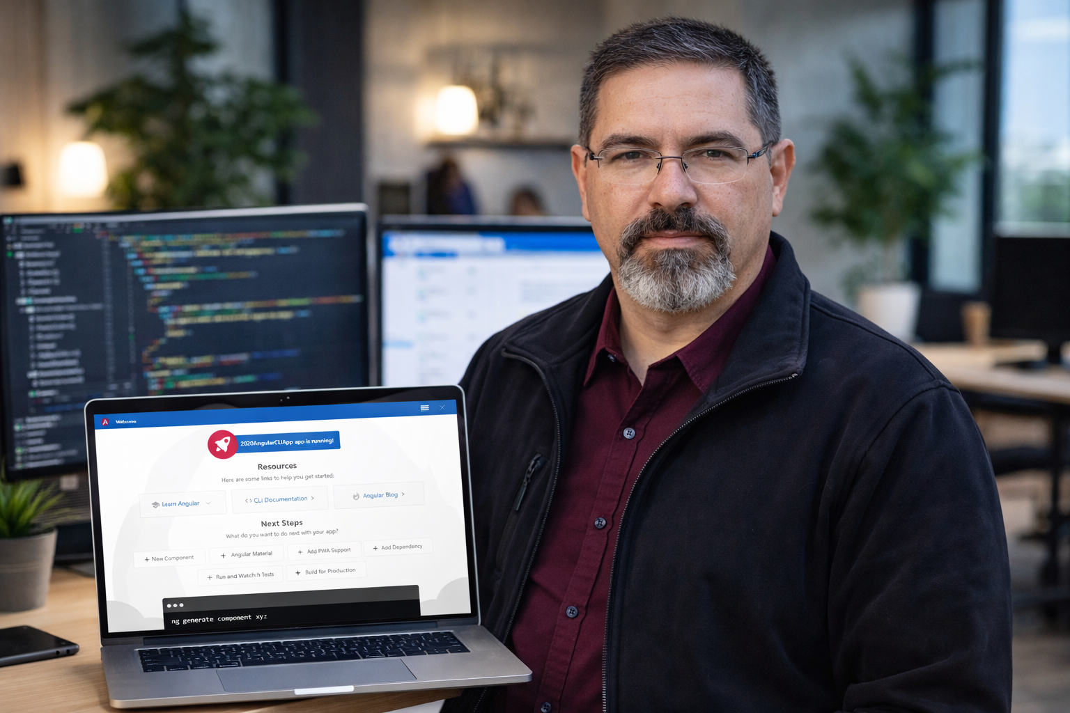 Frank Jamison standing in a modern tech workspace, wearing glasses, a burgundy button down shirt, and a black jacket while holding an open laptop that displays his Angular CLI application running in a web browser, with softly blurred monitors showing code in the background.