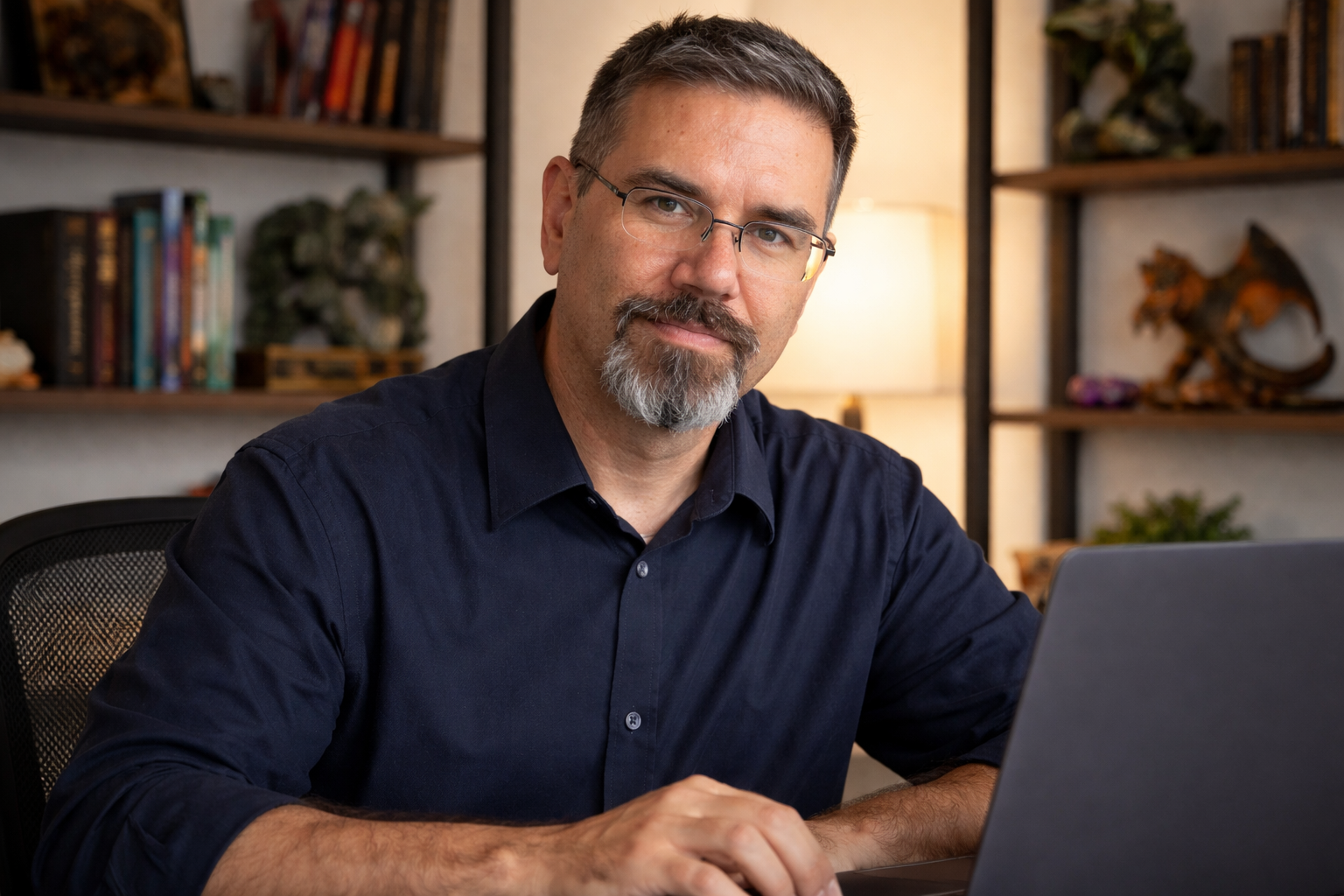 Frank Jamison sits upright at a desk, facing the camera with a calm, confident expression. He has short salt and pepper hair, a neatly trimmed goatee, and wears glasses and a dark navy button down shirt. He is working on a laptop in a warmly lit home office with bookshelves behind him displaying books, small plants, and fantasy themed collectibles, creating a professional and creative workspace atmosphere.