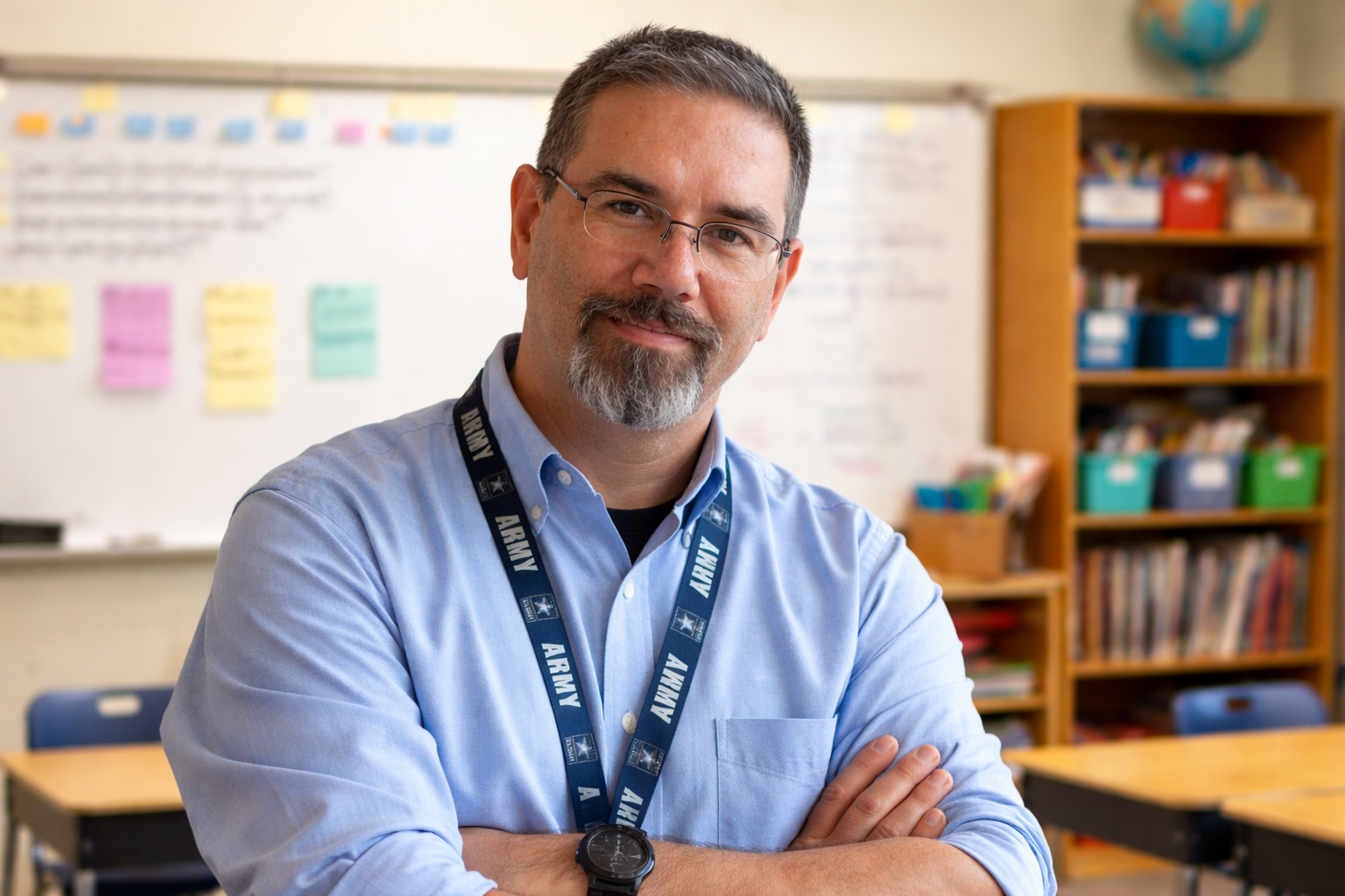 Frank Jamison standing confidently in a bright classroom, wearing a light blue button down shirt and an Army lanyard, arms crossed, smiling at the camera with a whiteboard and classroom shelves in the background