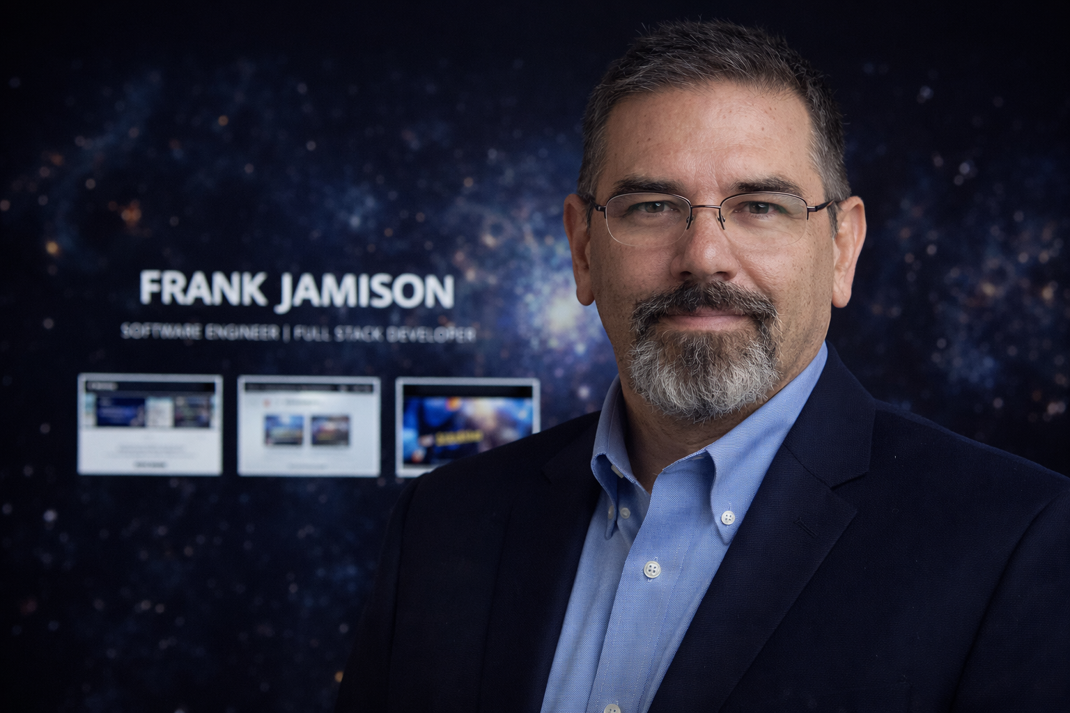 Frank Jamison stands facing the camera with a confident, professional expression, wearing glasses, a navy blazer, and a light blue button down shirt. Behind him is a space themed backdrop featuring his name, title as Software Engineer and Full Stack Developer, and blurred previews of portfolio projects displayed against a starfield design.