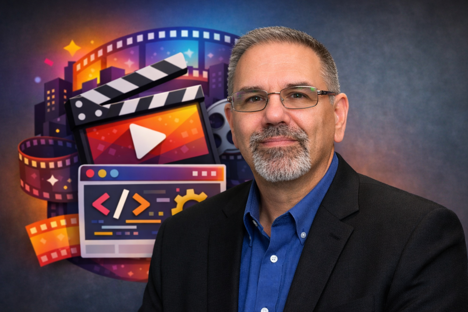 Frank Jamison stands outdoors at a wooden table, facing the camera with a relaxed, confident expression. He is wearing a dark shirt and an Army lanyard. In front of him is an open laptop displaying the FilmFestival web application, featuring a blue gradient background, a FILMFESTIVAL title, a search bar, and a grid of colorful film avatar cards with names and email addresses. Trees and soft daylight are visible in the background.
