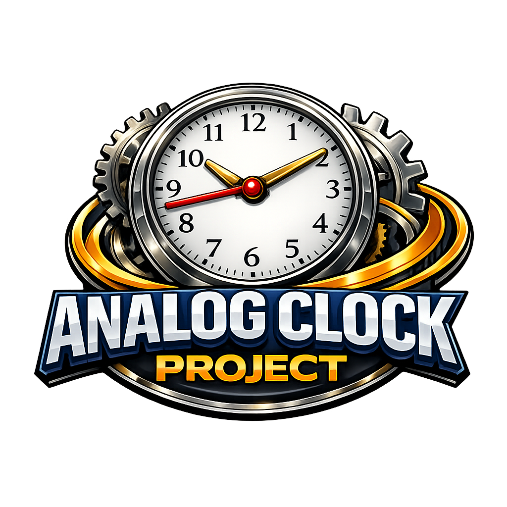 Logo featuring a detailed analog clock with gold hour and minute hands, red second hand, metallic gears in the background, and bold text reading “Analog Clock Project” in blue, white, and gold styling on a dark backdrop.