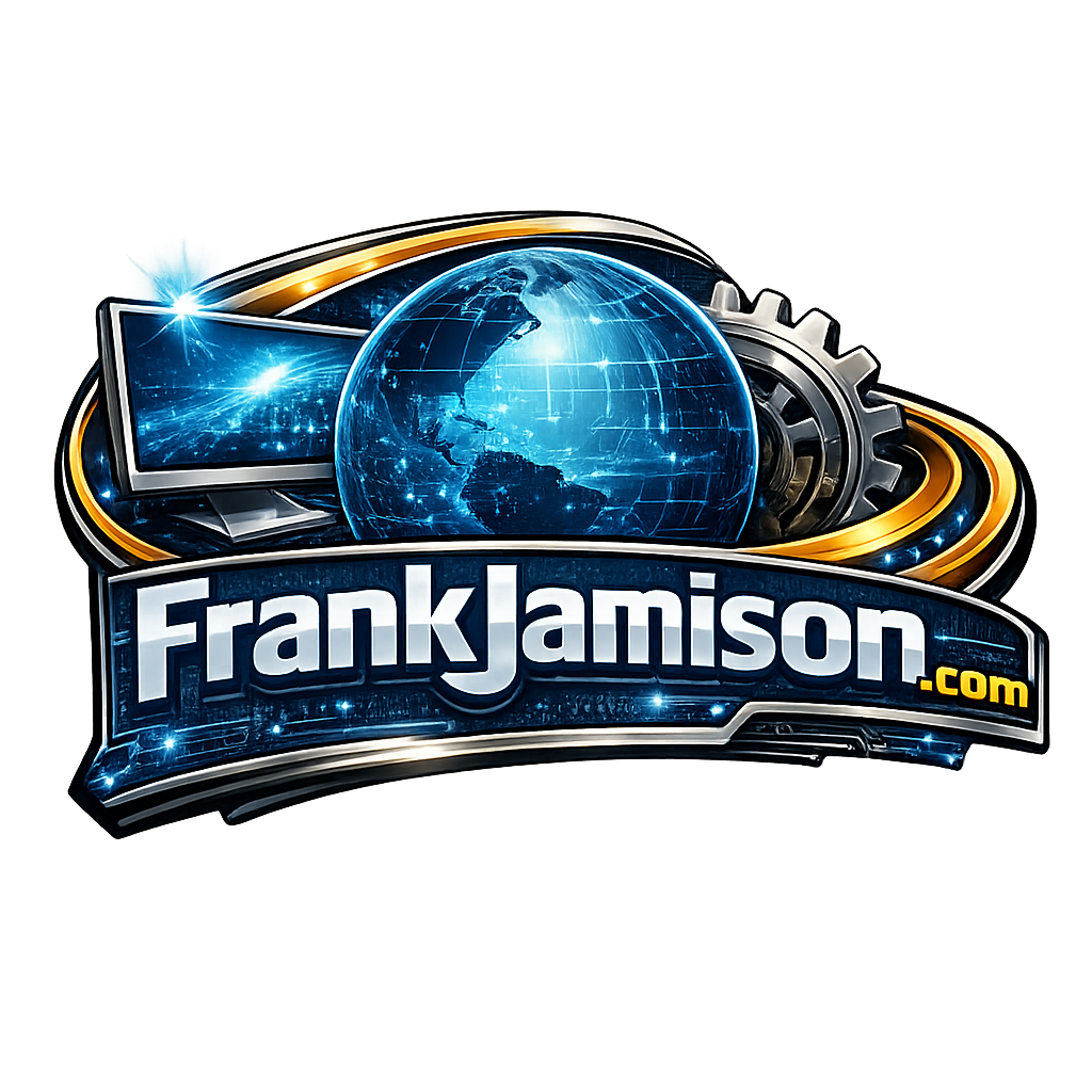 Futuristic logo featuring a glowing blue digital globe, a computer monitor with light effects, metallic gears, and gold accents, with bold text reading FrankJamison.com across the front.