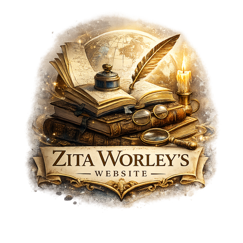 Illustrated emblem featuring stacked antique books, an open journal with an ink bottle and quill, a candle, magnifying glass, and spectacles arranged before a faint globe backdrop, with a banner reading “Zita Worley’s Website” in ornate lettering.