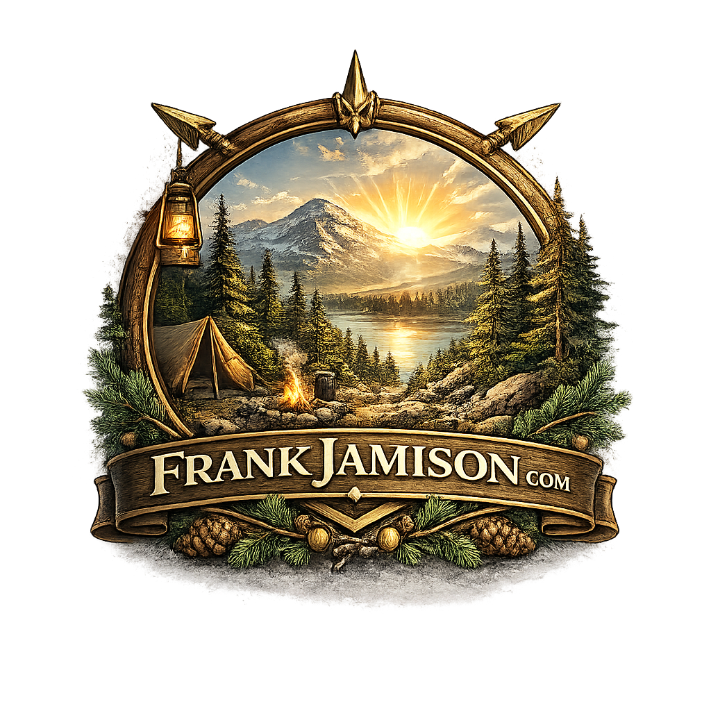 Illustrated emblem logo for FrankJamison.com featuring a circular wooden frame with a lantern, a mountain sunrise over a lake and pine forest, a campsite with a tent and campfire in the foreground, and a carved wooden banner across the bottom displaying the text FrankJamison.com.