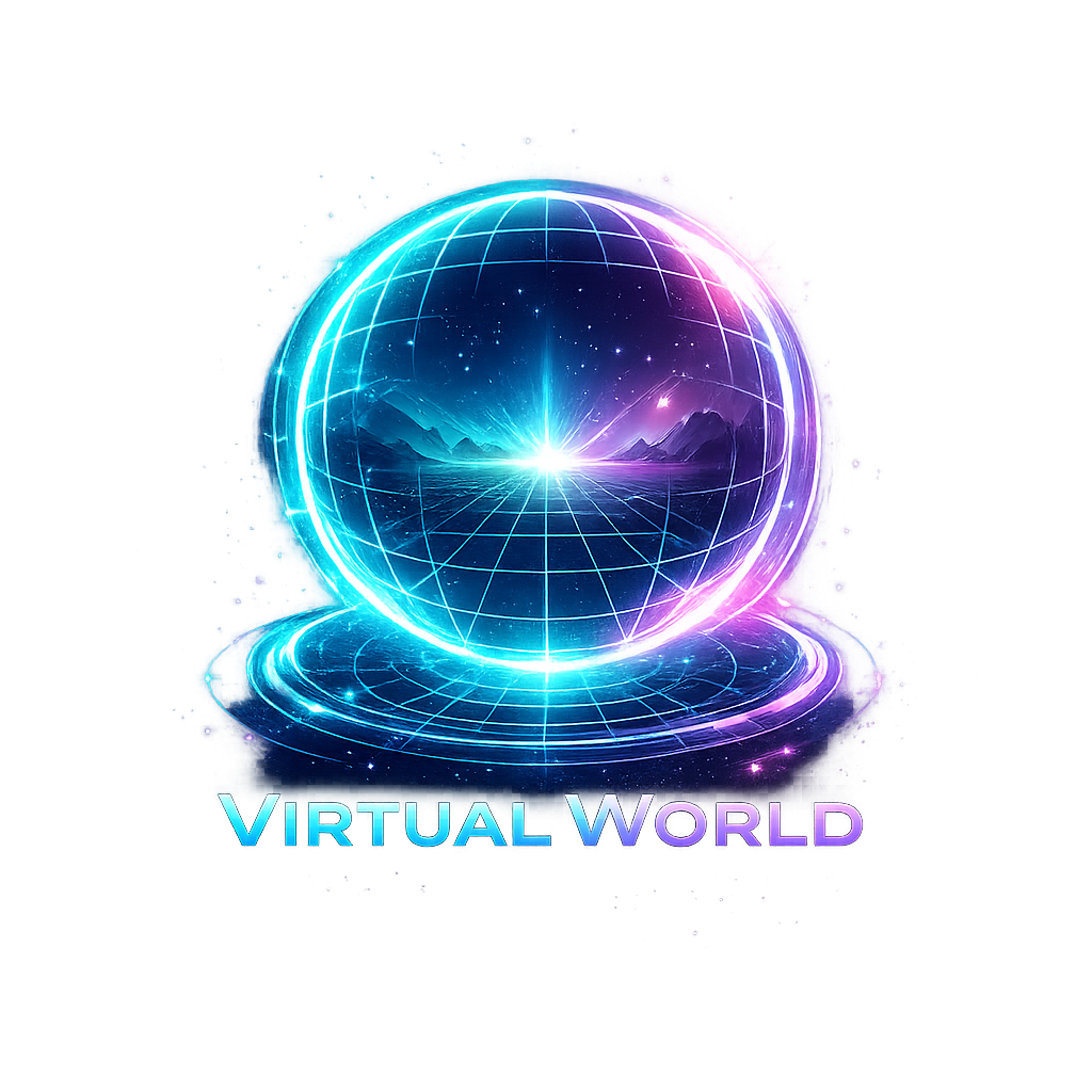 Glowing neon sphere styled like a holographic globe, split in teal and magenta tones, with a grid overlay and a bright light at the horizon illuminating distant mountains inside the orb. The sphere rests on a luminous circular base against a black background, with the title “Virtual World” displayed below in a matching blue and purple gradient.
