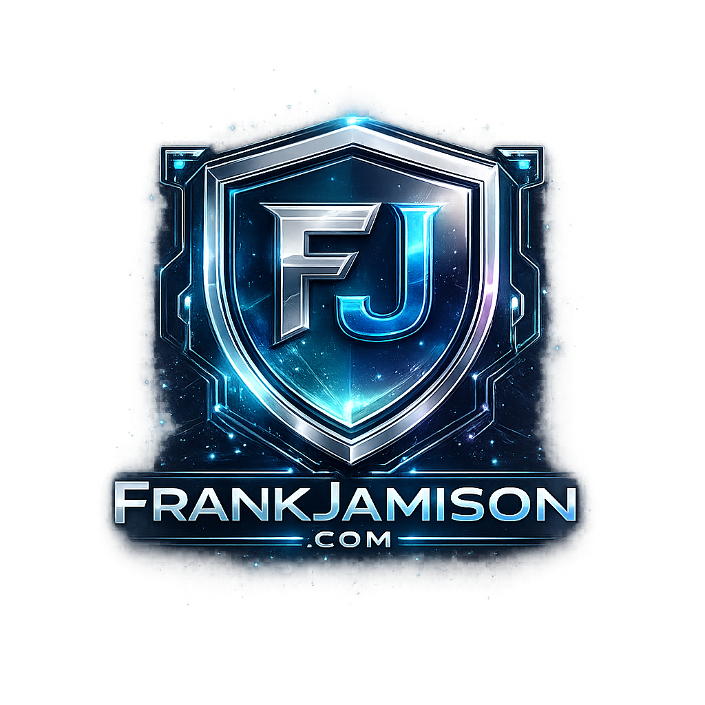 Glowing metallic shield emblem with the initials FJ in the center, rendered in blue and silver tones with a futuristic, space inspired glow, and the text FrankJamison.com displayed beneath the shield on a dark background