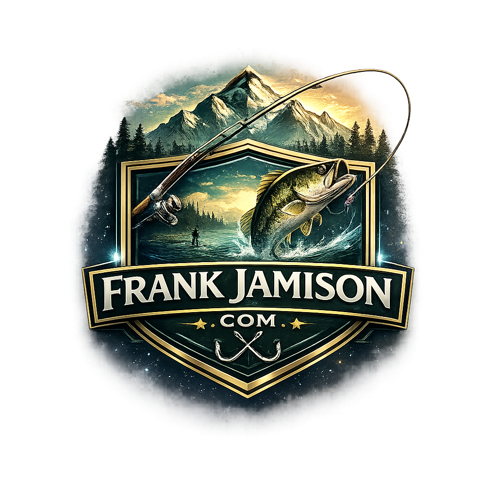 Shield-style logo for FrankJamison.com featuring a mountain landscape, a leaping fish hooked on a fishing line, crossed hooks at the bottom, and bold “FRANK JAMISON .COM” lettering across the center in green and gold tones.