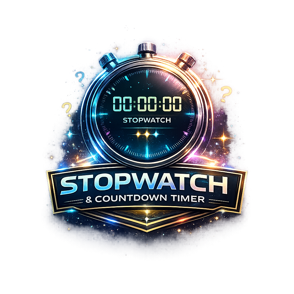 Stylized glowing stopwatch emblem with a digital display reading 00:00:00, surrounded by colorful light effects and subtle question marks, above bold text that reads Stopwatch & Countdown Timer on a dark background