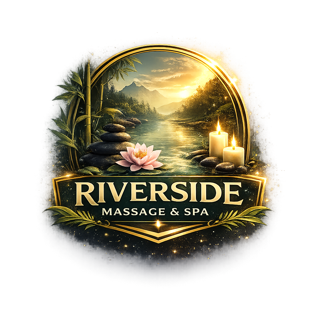 Decorative logo for Riverside Massage and Spa featuring a circular gold framed scene of a tranquil river at sunset with stacked stones, bamboo, a pink lotus flower, and two lit candles, with the business name displayed prominently below in elegant lettering.