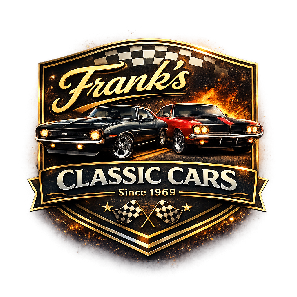 Shield styled logo for Frank’s Classic Cars featuring two vintage muscle cars, one black and one red, positioned side by side against a dramatic fiery background. Bold gold lettering displays the business name above a banner that reads Since 1969, with checkered racing accents and crossed flags completing the emblem design.