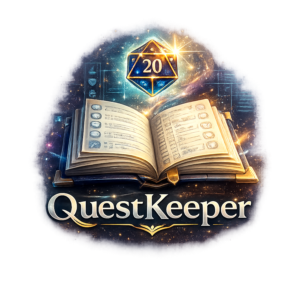 Fantasy style logo for QuestKeeper featuring an open illuminated spellbook with character sheet pages, a glowing twenty sided die showing the number 20 floating above it, and a starry magical background. The project name “QuestKeeper” appears below the book in elegant serif lettering with gold accents.