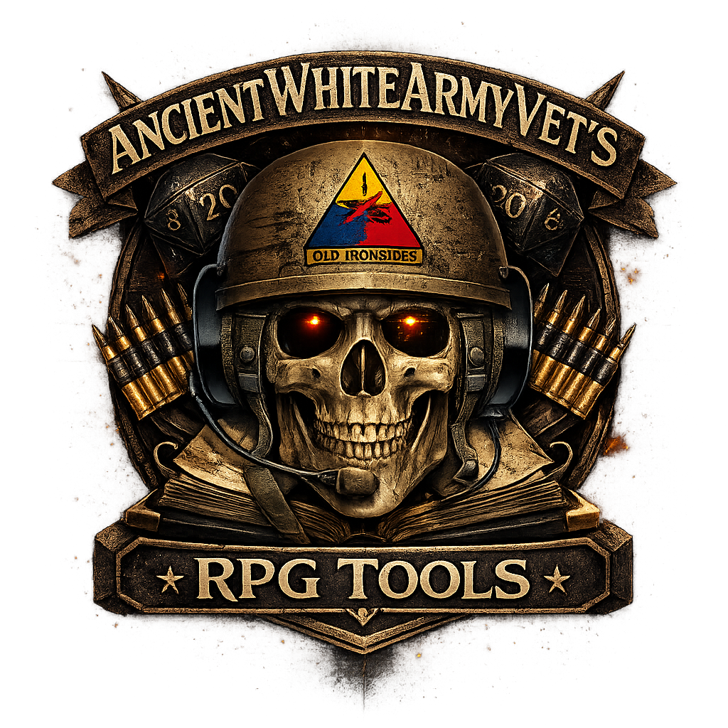 Emblem style logo for AncientWhiteArmyVet’s RPG Tools featuring a skull wearing a military helmet with a headset and glowing orange eyes. The helmet displays an Old Ironsides insignia. Behind the skull are crossed ammunition rounds and large twenty sided dice marked 8, and 20. The skull rests above an open book, with a banner reading AncientWhiteArmyVet’s at the top and RPG Tools at the bottom in bold, engraved lettering.