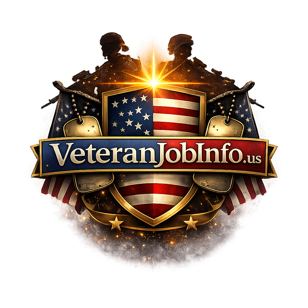 Emblem style logo for VeteranJobInfo.us featuring a gold trimmed shield with the American flag, crossed flags and dog tags, two silhouetted soldiers at the top, and a bright starburst above the crest. A red, white, and blue banner across the center displays the name VeteranJobInfo.us, with metallic gold accents and patriotic detailing throughout.