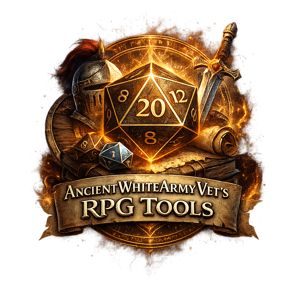 Fantasy themed logo featuring a glowing twenty sided die at the center surrounded by a sword, shield, helmet, scroll, and smaller dice, with a banner reading AncientWhiteArmyVet’s RPG Tools in bold medieval lettering against a fiery golden arcane circle background.
