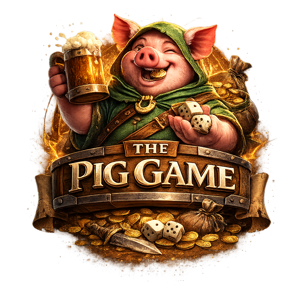 Illustrated fantasy style logo for The Pig Game featuring a cheerful pig in a green hooded cloak holding a frothy mug of ale in one hand and dice in the other. Gold coins spill around the character, with additional dice, a small dagger, and money bags at the bottom. A wooden banner across the center reads The Pig Game in bold carved lettering against a glowing golden background.
