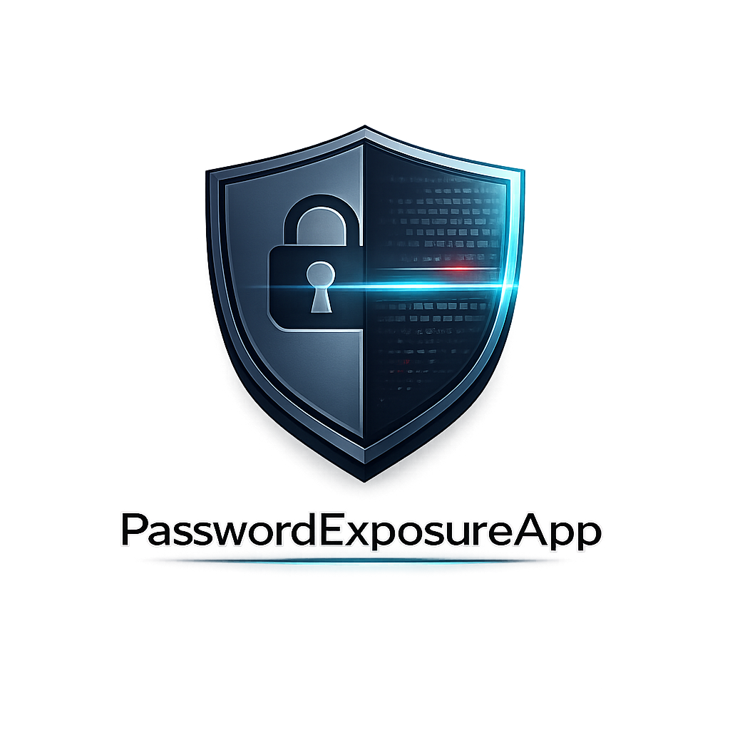Shield shaped cybersecurity logo split into two halves, one with a padlock icon and the other with digital code graphics, with a glowing horizontal light effect across the center and the text PasswordExposureApp displayed beneath it.