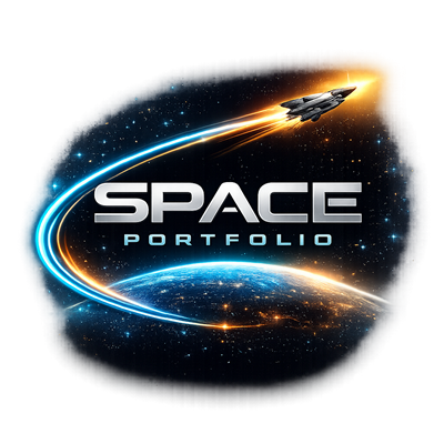 Logo design for Space Portfolio featuring a sleek silver spacecraft launching upward with a glowing trail that arcs around a view of Earth from space. The words SPACE PORTFOLIO appear in bold metallic lettering against a dark star filled background, creating a futuristic, high tech aesthetic.