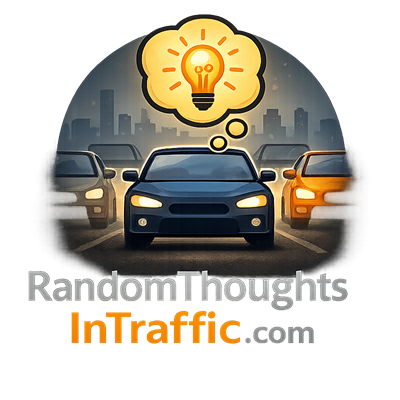 Illustrated logo showing three cars driving toward the viewer at dusk with a city skyline in the background, a glowing light bulb inside a thought bubble above the center car, and the text Random Thoughts InTraffic.com below in gray and orange lettering.