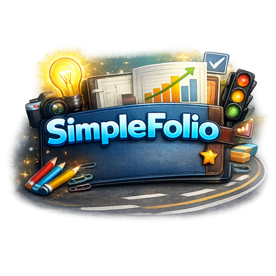 Illustrated logo graphic for SimpleFolio featuring a bold blue nameplate surrounded by creative and professional elements, including a glowing light bulb, camera, traffic light, upward trending chart, open planner, pencils, paper clips, and a small gold star, arranged on a stylized roadway background.