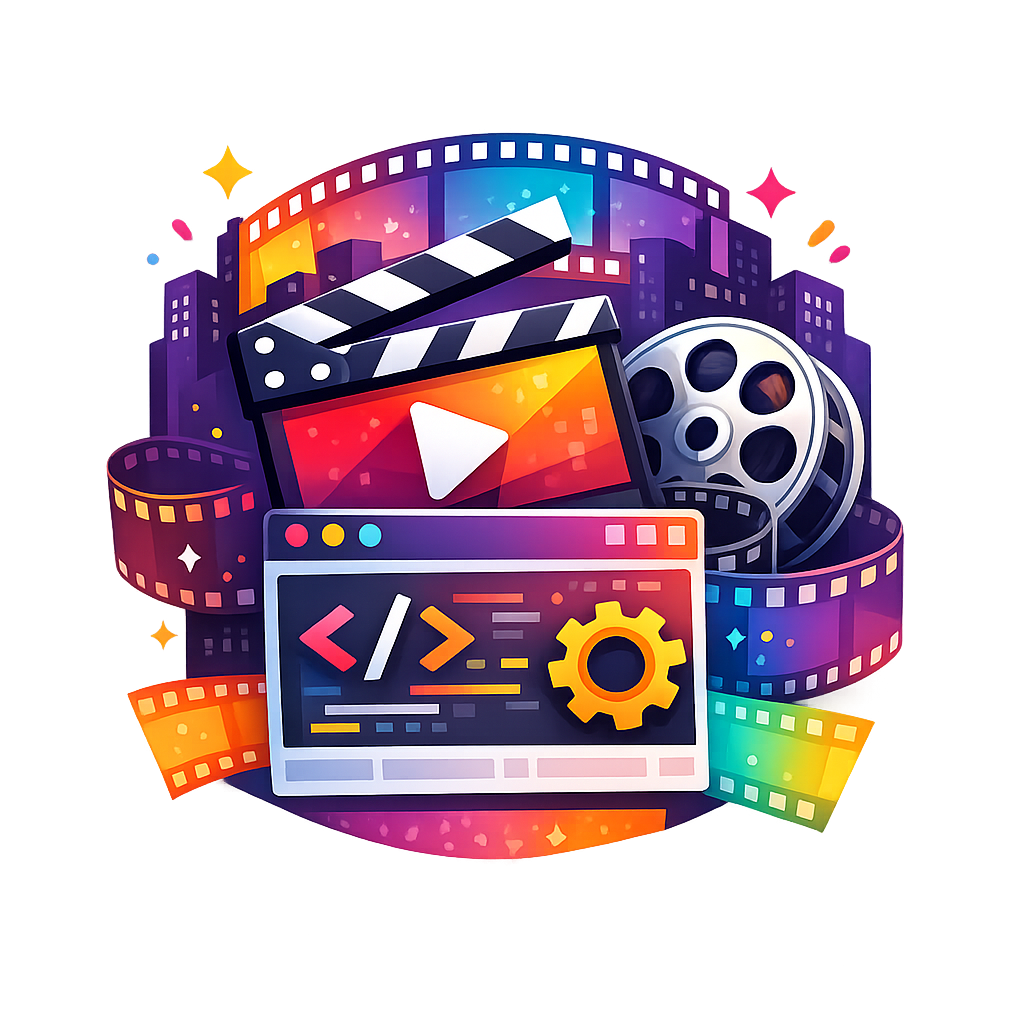 Square, modern Film Festival emblem featuring a large green robot with glowing red eyes at the center, surrounded by three smaller red, orange, and purple robots below. The design includes bold “FILM FESTIVAL” lettering at the top, glowing circuit-like lines, and vibrant neon accents in blue, yellow, and pink, all styled as a colorful tech-inspired badge on a transparent background.