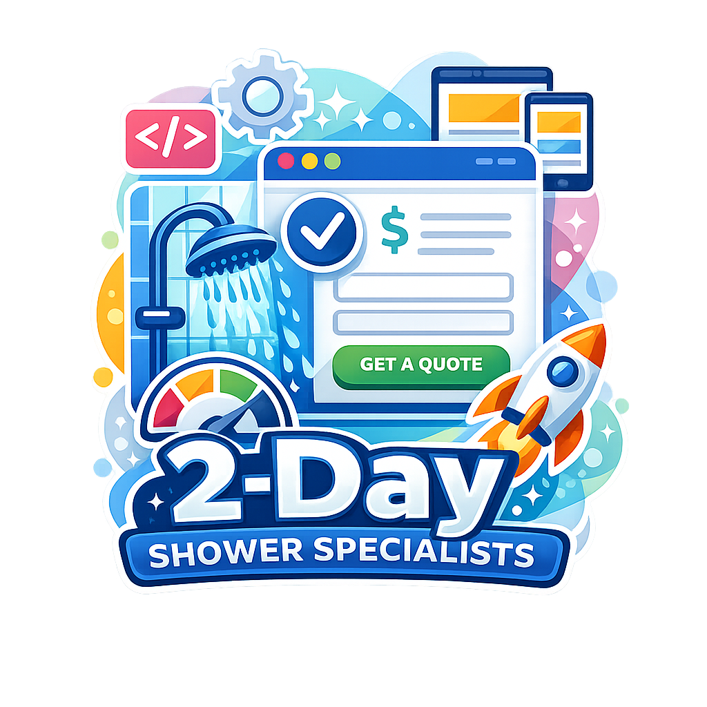 Colorful modern logo for 2-Day Shower Specialists featuring a stylized showerhead with flowing water, a web landing page interface with a quote button, performance gauge, and rocket icon representing speed, surrounded by bright blue and aqua design elements on a transparent background.